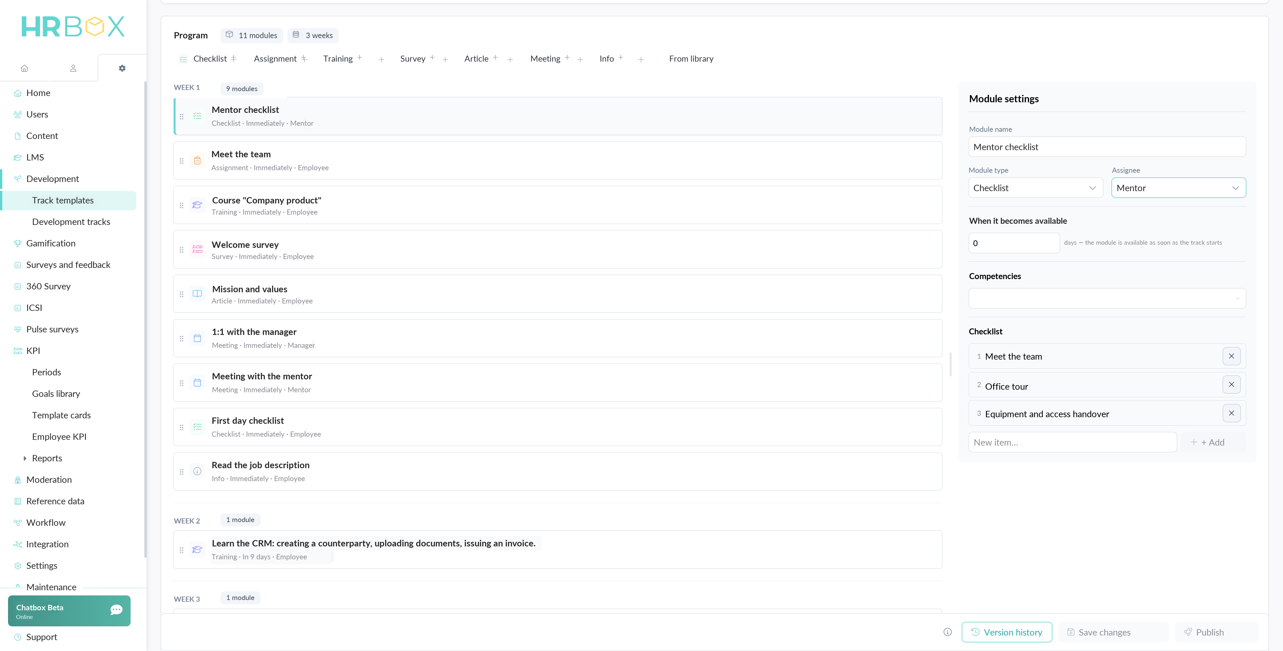 Development and onboarding track setup in HRBOX