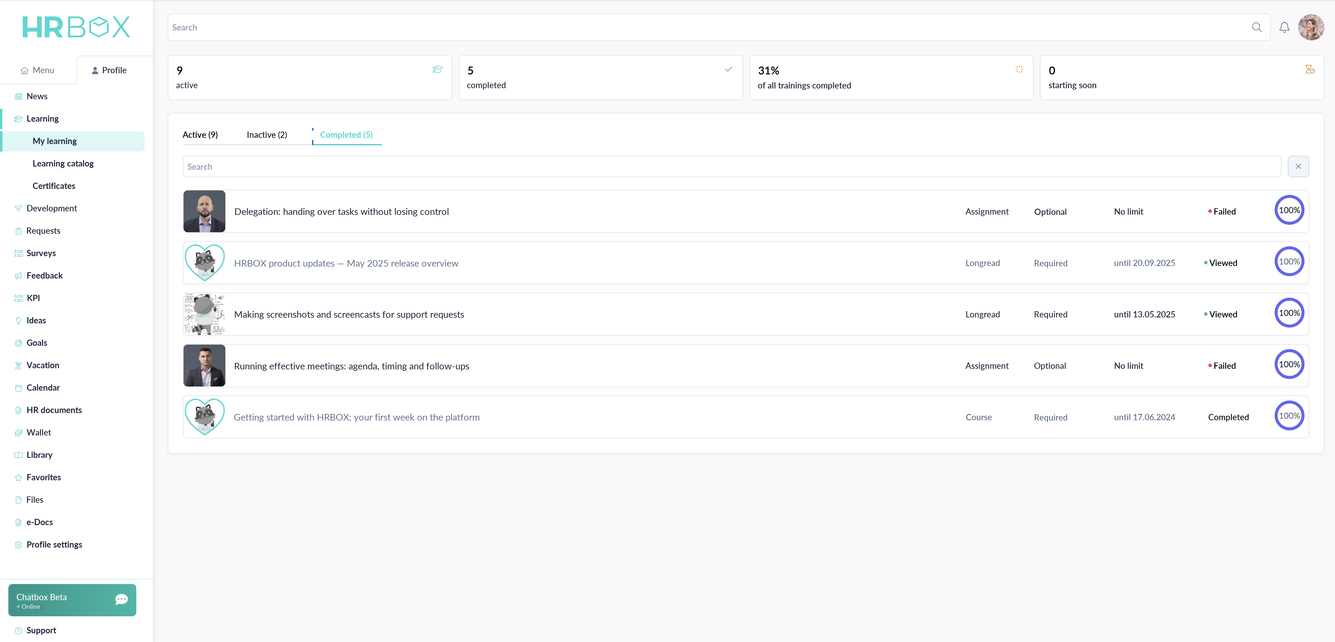 HRBOX My Learning section with metrics, statuses and progress
