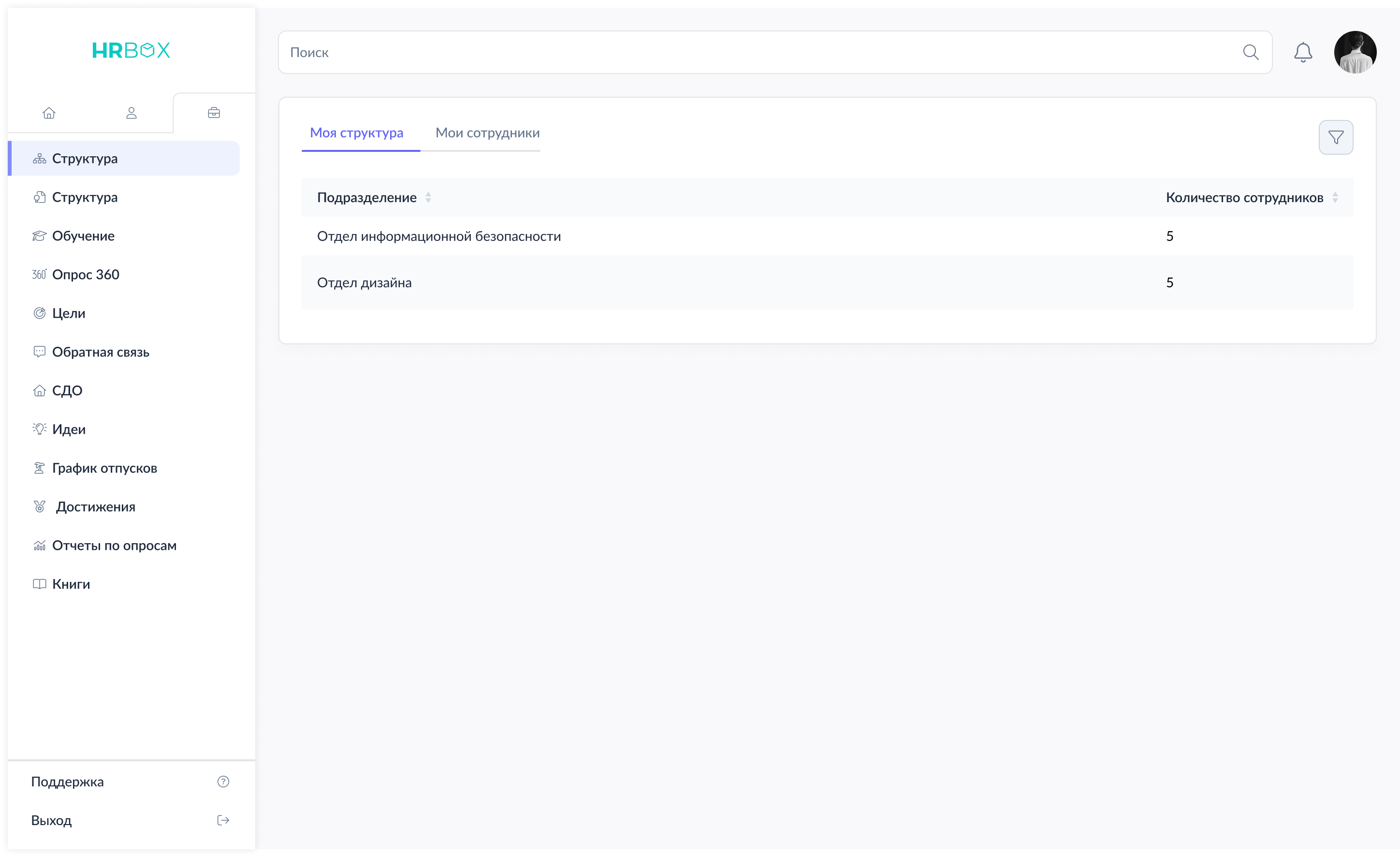 Manager team structure table view